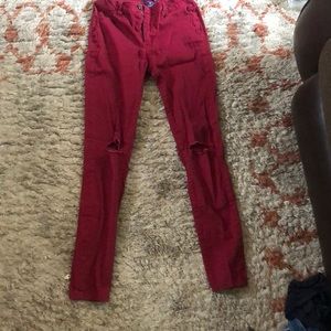 Red pants with cut at the knees!